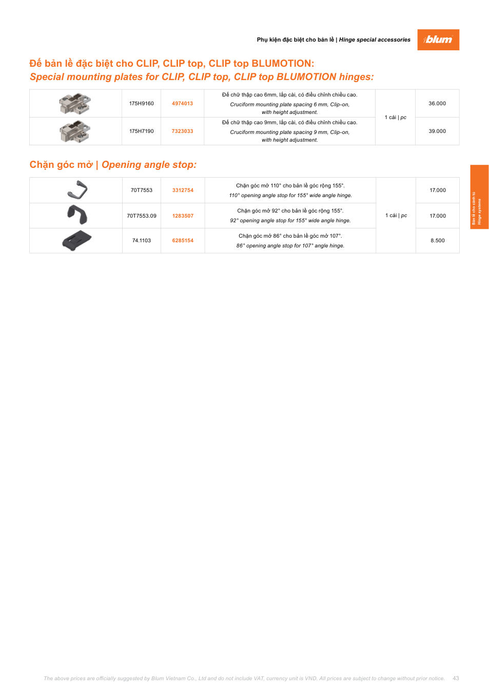 Trang 43 bảng giá Blum 2026-2027 – Chặn Góc Mở 70t7553.09 1283507 Blum