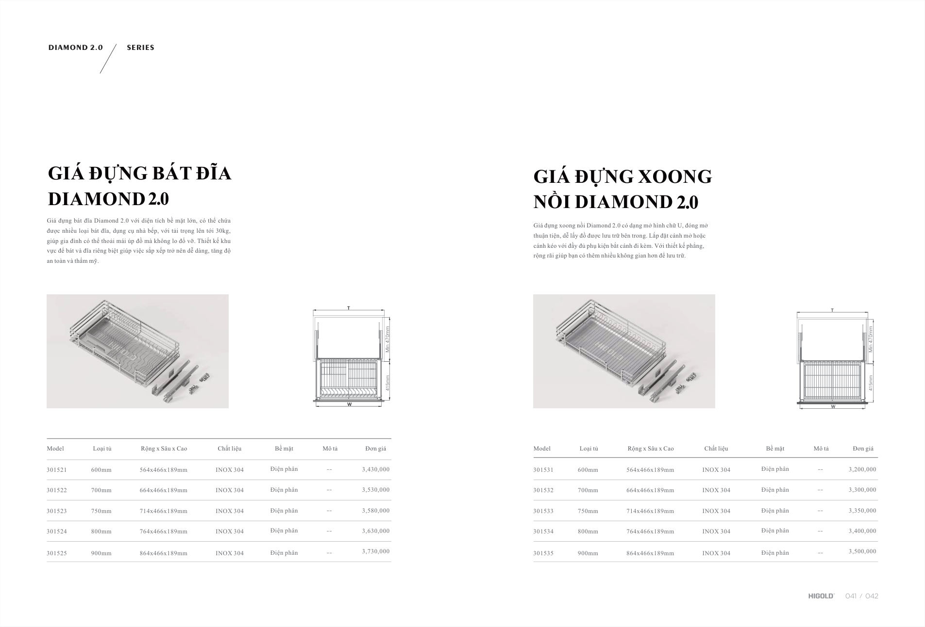 Trang 28 catalogue Higold 2025 – Kệ Chén, Dĩa Diamond 2.0 Inox 304 (301524 – 800mm) – Higold