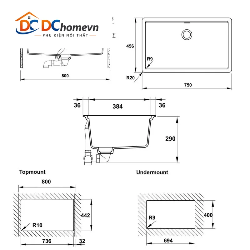 Kích thước Chậu rửa chén đơn Hafele HS20-GEN1S80 570.30.500Chậu rửa chén đơn Hafele HS20-GEN1S80