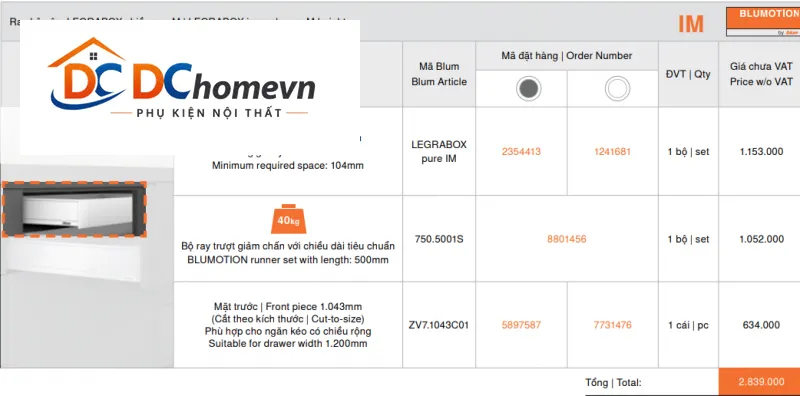 Mặt trước LEGRABOX Blum ZV7.1043C01 7731476