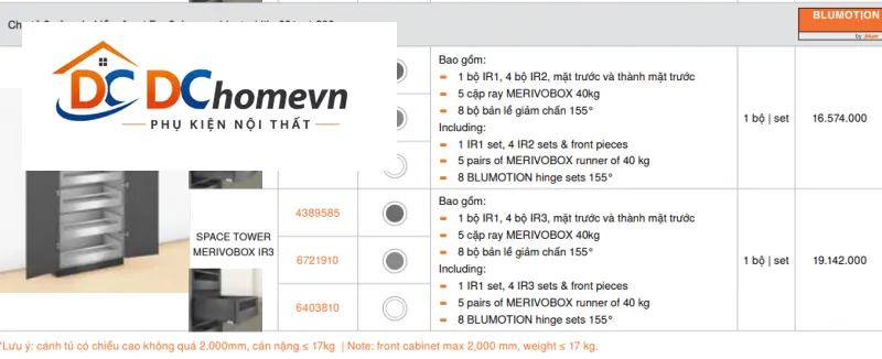 Tủ đồ khô Blum SPACE TOWER MERIVOBOX IR2, 3348187, trắng