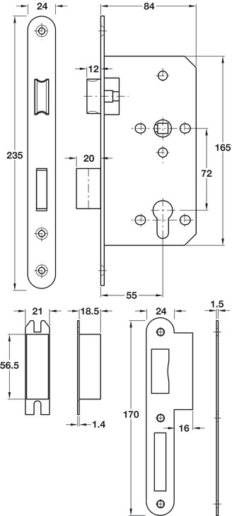 Bản vẽ kích thước / lắp đặt – Thân Khóa Inox Hafele 911.02.153