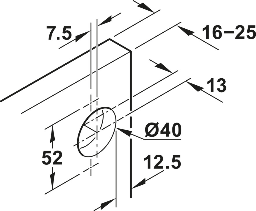 Bản vẽ kích thước / lắp đặt – Bản Lề Häfele Slido F-park71 16b / 25b, Lắp Âm  408.00.404 Hafele