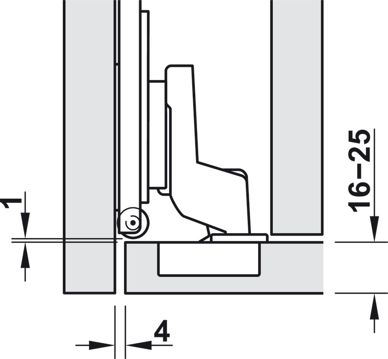 Bản vẽ kích thước / lắp đặt – Bản Lề Häfele Slido F-park71 16b / 25b, Lắp Âm  408.00.404 Hafele